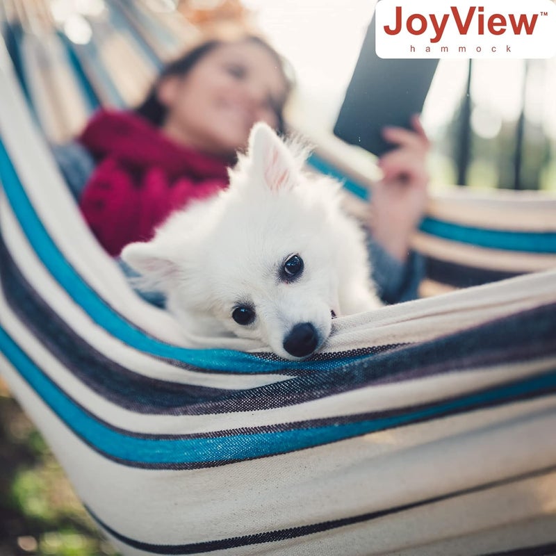 JoyView Brazilian Hammock for Single Person - Portable Cotton Hammock with Hanging Ropes & Carry Bag - 78.8x39.4' - 300LBS Capacity - Red & Green Stripes - Image 4